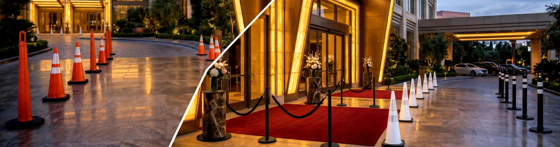 professional valet entrance with black and white traffic cones instead of orange