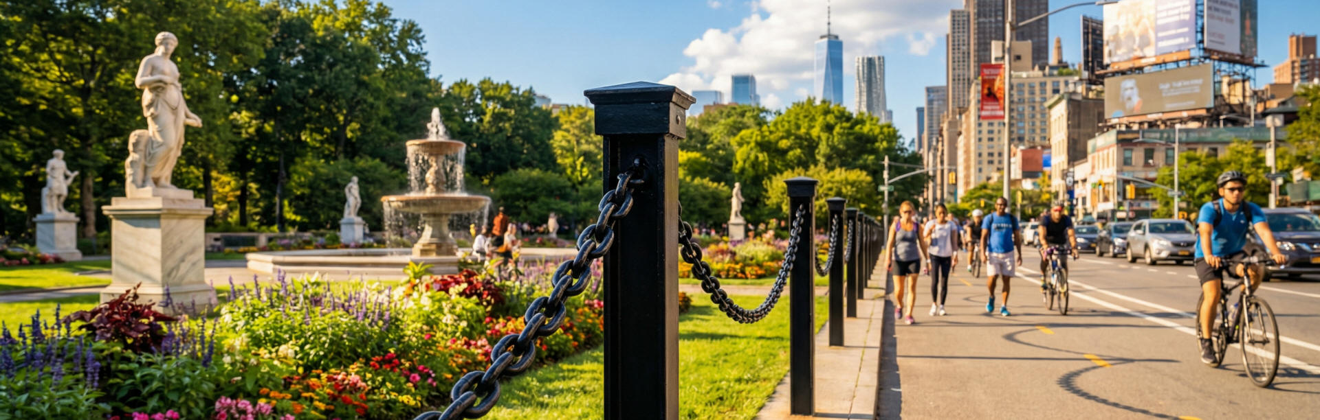 Heavy Duty Black Post and Chain, Central Park Style