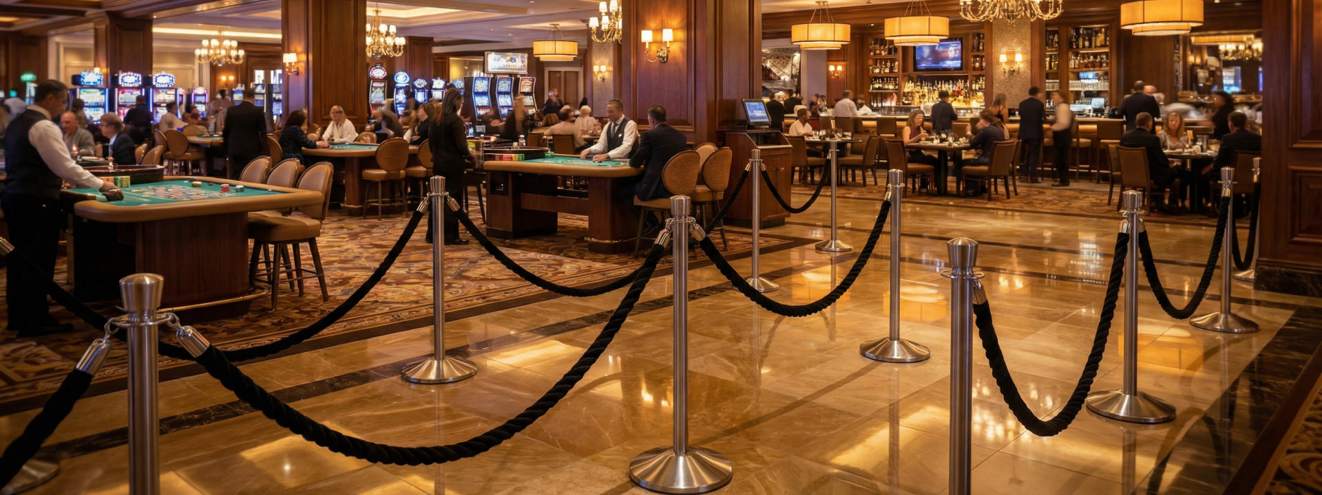 Casino crowd control stanchions and rope systems