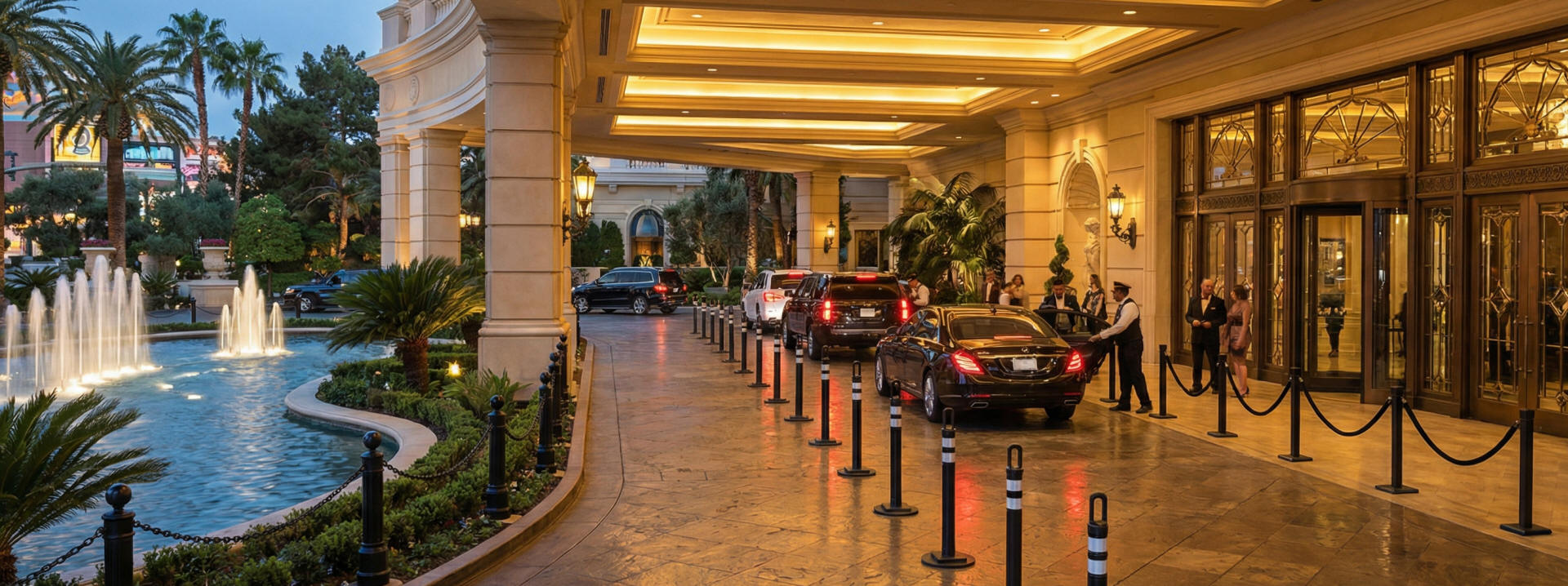 Black loop top delineators Black loop top delineators guiding vehicles toward a luxury hotel entrance with Dark Star rope stanchions organizing guest entry