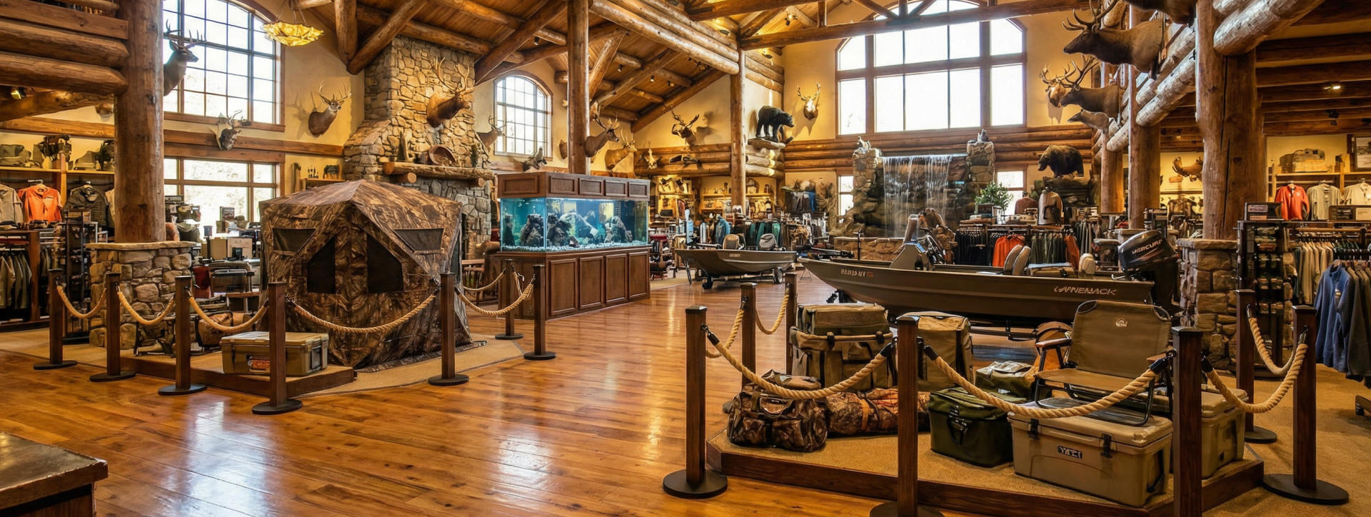 Natural Post and rope stanchions for retail and sporting goods stores