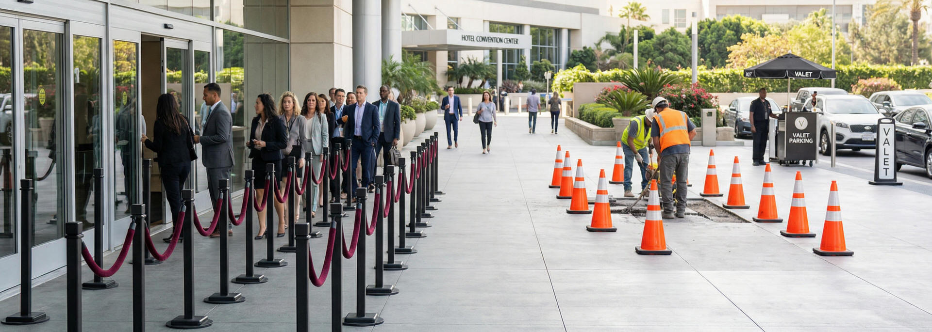 Traffic cones and crowd control stanchions used across multiple industries Traffic cones and crowd control stanchions used across multiple industries including hotels, construction, hospitality and events