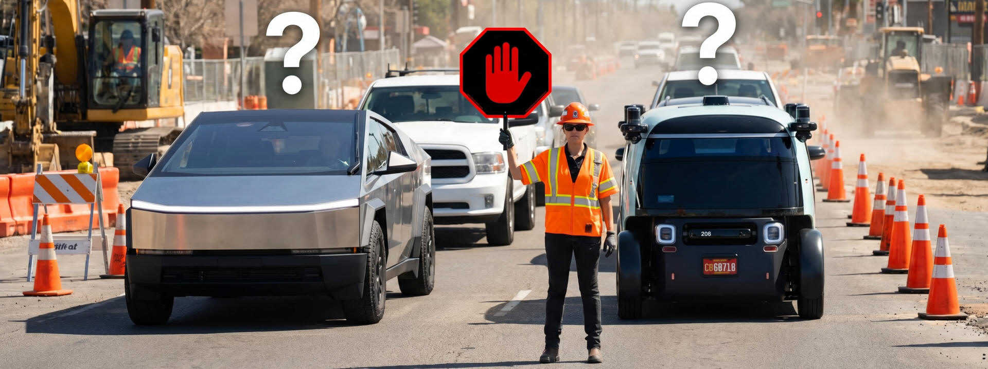 Flagger holding stop paddle in work zone with modern and autonomous vehicles approaching, highlighting traffic control uncertainty