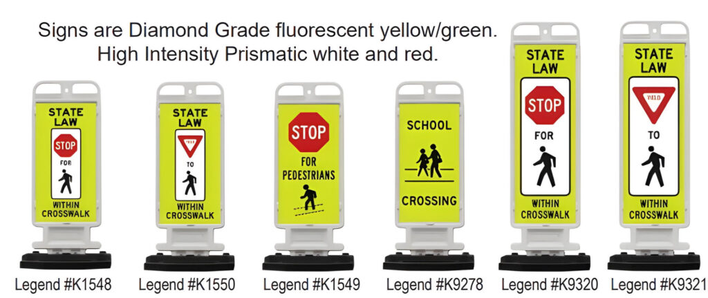 Portable crosswalk sign legend options with STOP, YIELD and school crossing messages