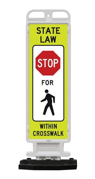 Fluorescent yellow-green State Law Stop for Pedestrians portable crosswalk sign