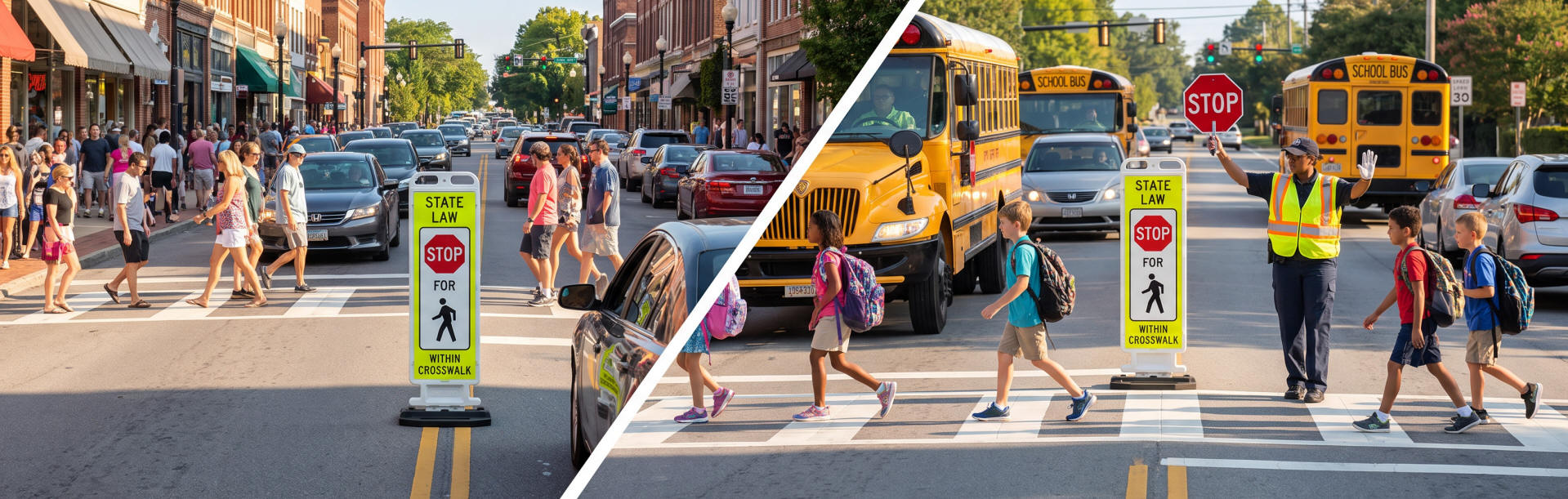 Portable fluorescent yellow-green pedestrian crosswalk signs with STOP, YIELD and school crossing messages